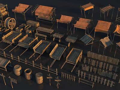 Traditional Medieval Scene Components Including Wooden Carts Frames Barrels And Fences 3d model