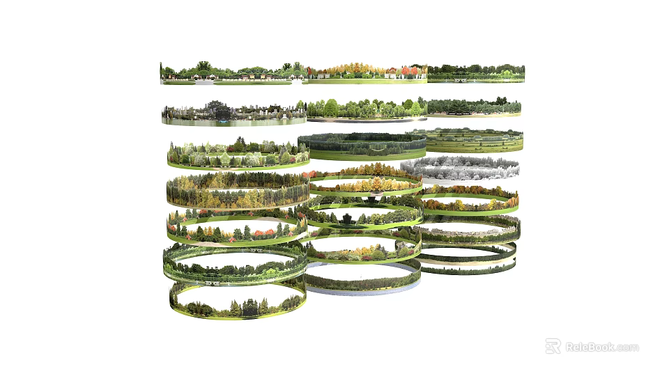 Layered Circular Landscape Artwork Featuring Trees Grass And Small Rural Buildings 3d model