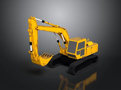 Yellow Construction Excavator With Tracks Mechanical Arm And Bucket On Gray Surface 3d model