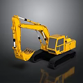 Yellow Construction Excavator With Tracks Mechanical Arm And Bucket On Gray Surface