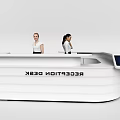 Modern White Curved Reception Desk With Digital Display And Receptionists Standing