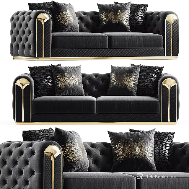 Luxurious Black Velvet Multi-person Sofa With Gold Accents And Decorative Pillows 3d model 