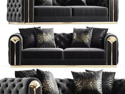 Luxurious Black Velvet Multi-person Sofa With Gold Accents And Decorative Pillows 3d model