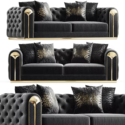 Luxurious Black Velvet Multi-person Sofa With Gold Accents And Decorative Pillows 3d model