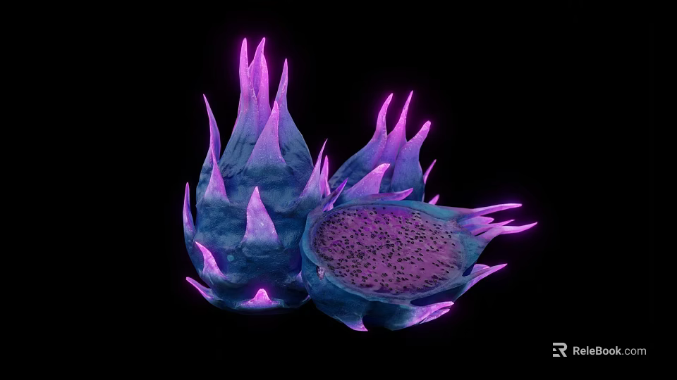 Purple Glowing Dragon Fruit Whole and Sliced With Black Seeds On Black Background 3d model 