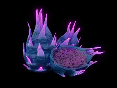 Purple Glowing Dragon Fruit Whole and Sliced With Black Seeds On Black Background 3d model
