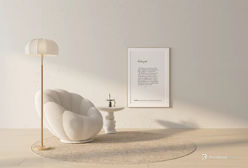 Plush Single Sofa In Minimalist Interior With Floor Lamp Round Side Table And Woven Rug 3d model 