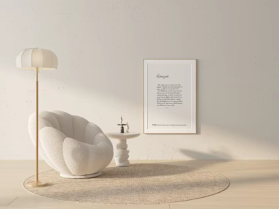 Plush Single Sofa In Minimalist Interior With Floor Lamp Round Side Table And Woven Rug 3d model