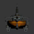 Cartoon Style Boat Scene With Wooden Hull Red Flags And Mechanical Structures