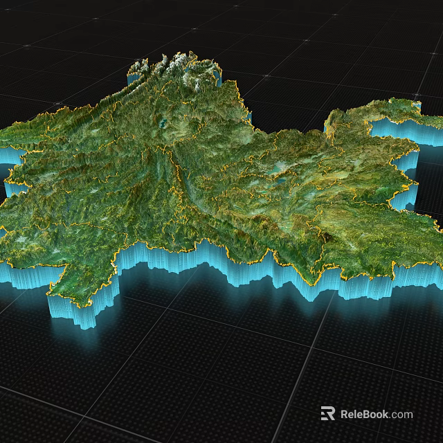 Detailed 3D Terrain Model with Green Surface and Blue Edges on Grid Background 3d model 