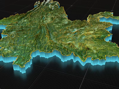 Detailed 3D Terrain Model with Green Surface and Blue Edges on Grid Background 3d model