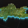 Detailed 3D Terrain Model with Green Surface and Blue Edges on Grid Background