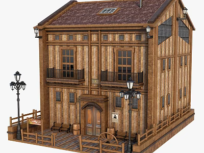 Traditional Wooden Residential Building With Gabled Roof Attic Windows Porch Bench And Street Lamps 3d model