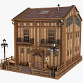 Traditional Wooden Residential Building With Gabled Roof Attic Windows Porch Bench And Street Lamps