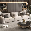 Beige Three Seater Sofa In Modern Living Room With Bookshelves Plants And Coffee Table