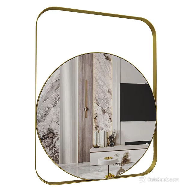Gold Framed Round Mirror Reflects Modern Living Room With Marble Wall And TV 3d model 