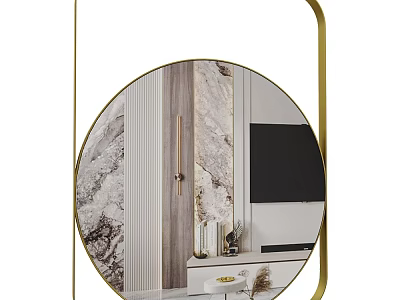 Gold Framed Round Mirror Reflects Modern Living Room With Marble Wall And TV 3d model