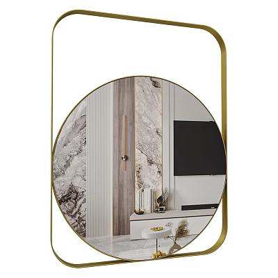 Gold Framed Round Mirror Reflects Modern Living Room With Marble Wall And TV 3d model