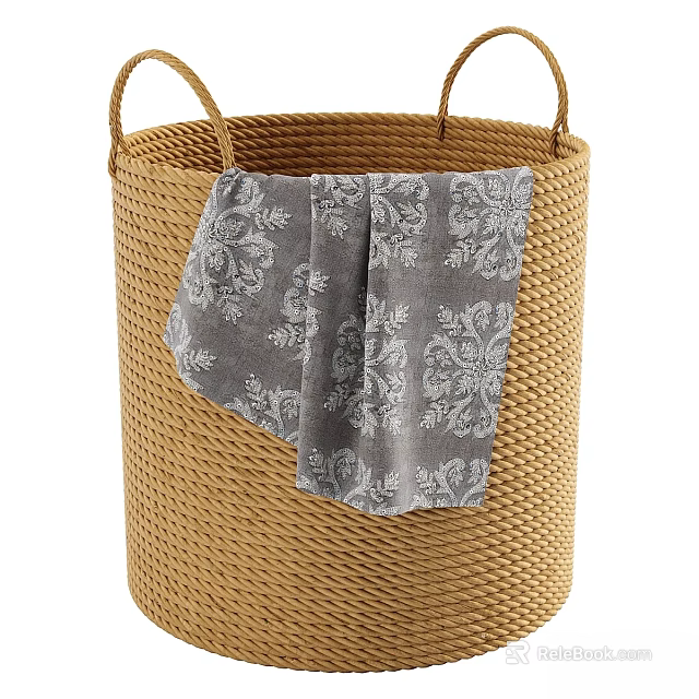 Stylish Wall Decor Featuring Wicker Basket And Gray Cloth With White Pattern 3d model