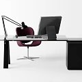 Modern Office Desk With Glass Top Computer Monitor Laptop Desk Lamp And Purple Chair 3d model