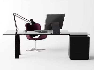 Modern Office Desk With Glass Top Computer Monitor Laptop Desk Lamp And Purple Chair 3d model