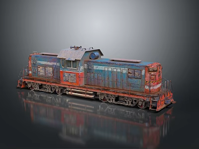 Rusty Vintage Train Locomotive with Blue and Red Exterior and Metallic Texture Details 3d model