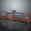 Rusty Vintage Train Locomotive with Blue and Red Exterior and Metallic Texture Details