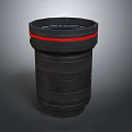 Professional Black Electronic Camera Lens With Red Accent Ring And Zoom Focus Rings