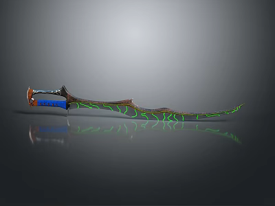 Decorative Sword With Green Patterned Blade And Blue Orange Hilt Design 3d model