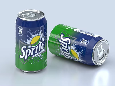 Two Sprite Cans Standing And Tilted With Blue Green Color And Lemon Design 3d model