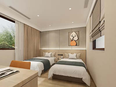 Modern Hotel Room with Twin Beds Window Curtains Table Chair and Wall Artwork 3d model