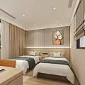 Modern Hotel Room with Twin Beds Window Curtains Table Chair and Wall Artwork