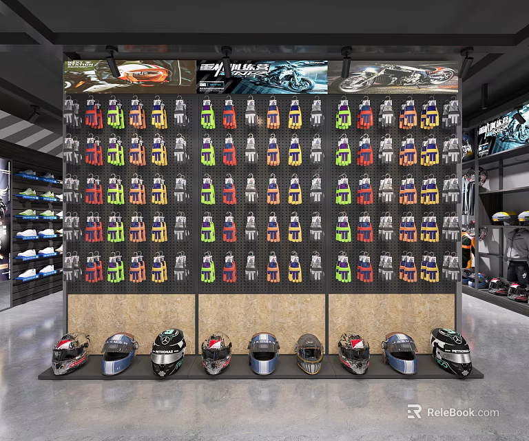 Helmet Store Featuring Diverse Colorful Helmets On Wall Display And Front Showcase 3d model
