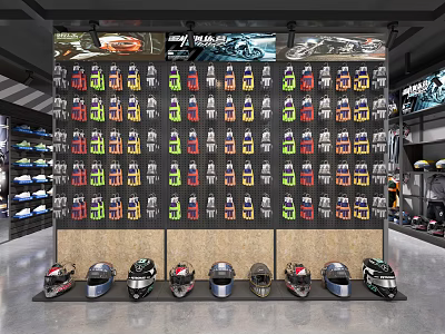 Helmet Store Featuring Diverse Colorful Helmets On Wall Display And Front Showcase 3d model