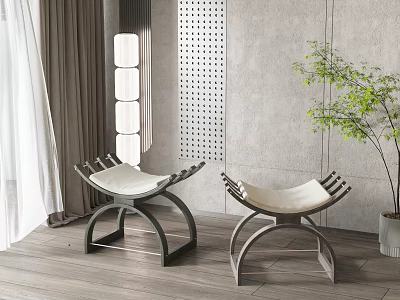 Modern Curved Wooden Frame Stools With Light Colored Seats In Gray Wall And Wooden Floor 3d model