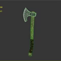 Decorative Axe With Intricate Metal Head And Carved Wooden Handle