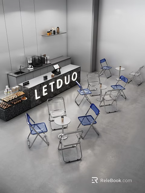 LETDUO Dessert Shop Interior With Modern Counter Dessert Display Blue Transparent Chairs And Round Tables 3d model 