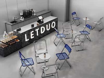LETDUO Dessert Shop Interior With Modern Counter Dessert Display Blue Transparent Chairs And Round Tables 3d model