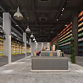 Modern Stationery Store Interior With Colorful Shelves Cashier Counter Hanging Lamps And Green Plant