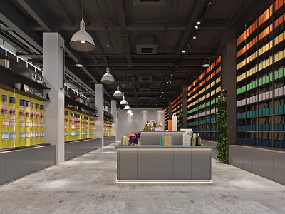 Modern Stationery Store Interior With Colorful Shelves Cashier Counter Hanging Lamps And Green Plant 3d model