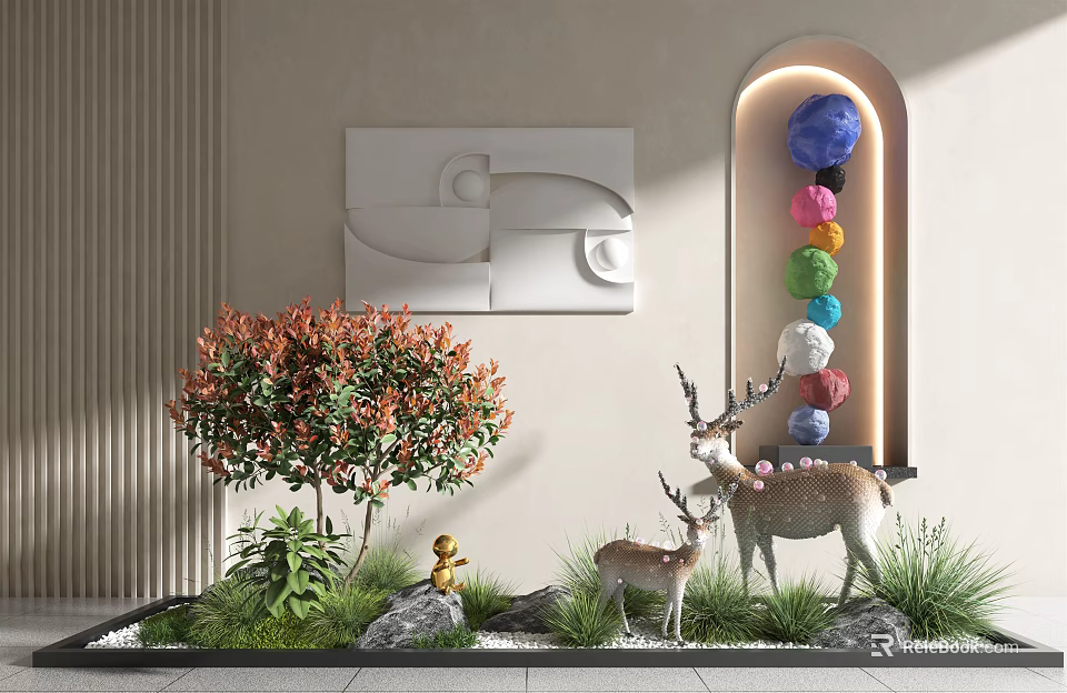 Indoor Landscape Design With Green Plants Deer Sculptures Colorful Spheres And Wall Art 3d model 