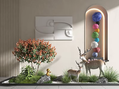 Indoor Landscape Design With Green Plants Deer Sculptures Colorful Spheres And Wall Art 3d model