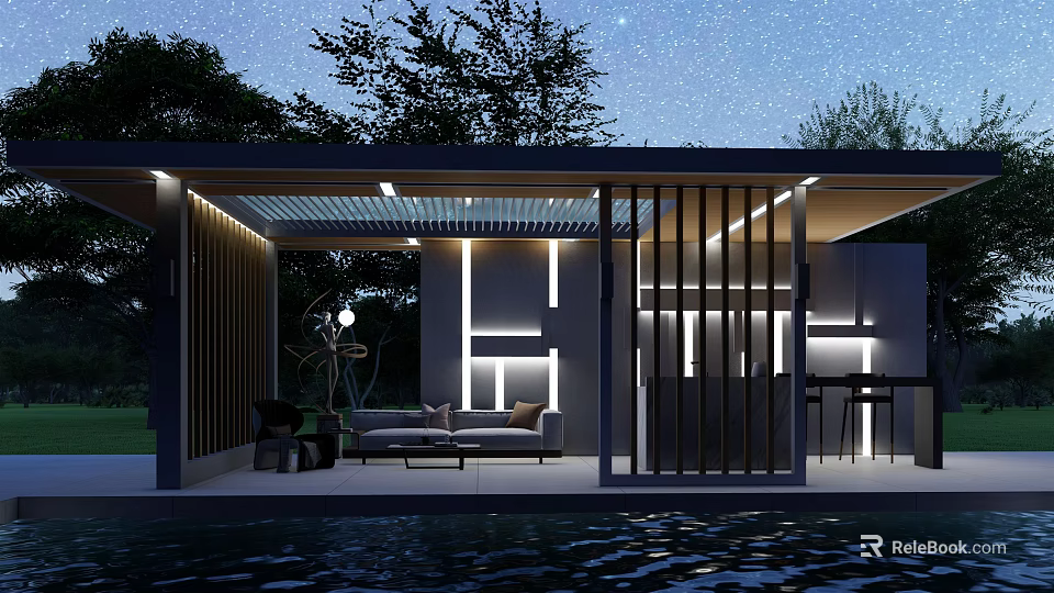 Modern Outdoor Pergola With Night Lighting Cozy Sofa And Poolside Relaxation Area 3d model 
