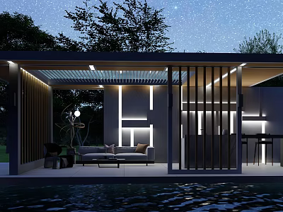 Modern Outdoor Pergola With Night Lighting Cozy Sofa And Poolside Relaxation Area 3d model