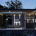 Modern Outdoor Pergola With Night Lighting Cozy Sofa And Poolside Relaxation Area