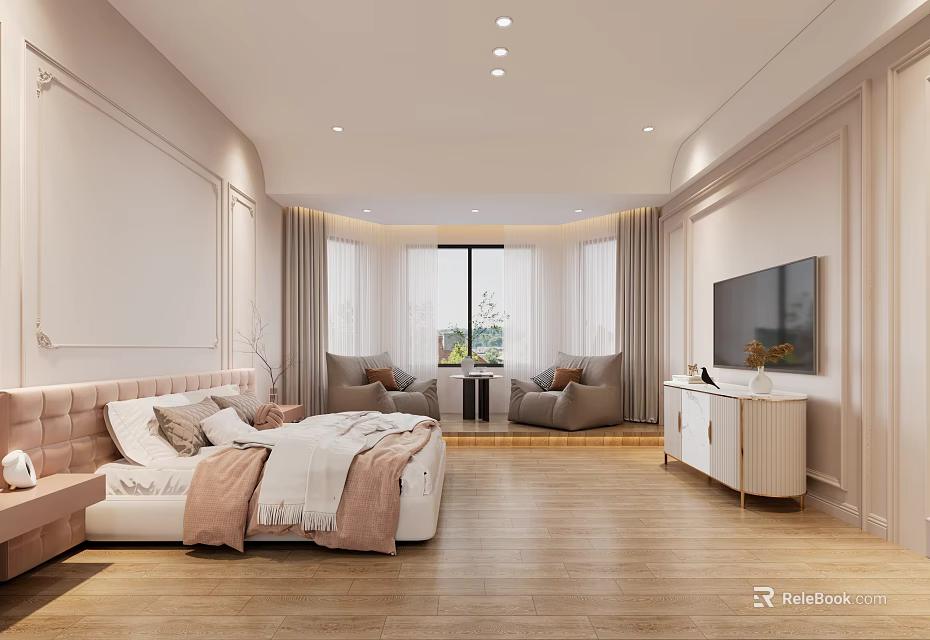 Modern Hotel Guest Room Interior Featuring King Bed Sofa Seating TV And Large Window 3d model