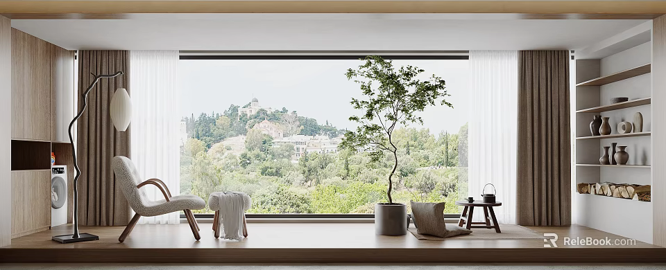 Cozy Home Balcony With Large Window Potted Tree Comfortable Chair And Mountain View 3d model 