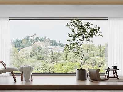 Cozy Home Balcony With Large Window Potted Tree Comfortable Chair And Mountain View 3d model