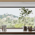 Cozy Home Balcony With Large Window Potted Tree Comfortable Chair And Mountain View