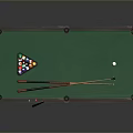 Classic Wooden Billiard Table With Green Cloth Cues And Balls